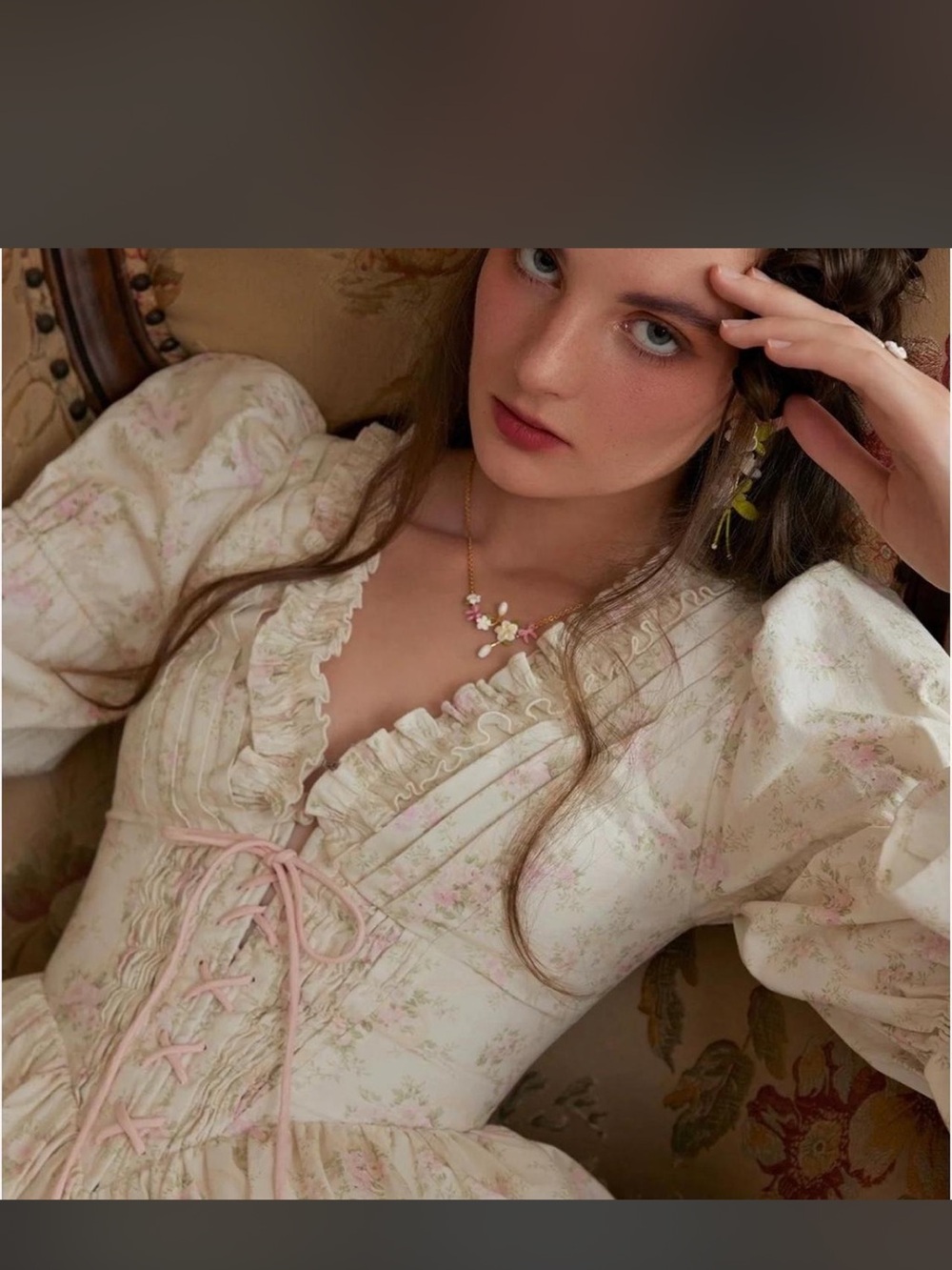 Cream Floral Lace-Up Romantic Chemise with Puff Sleeves